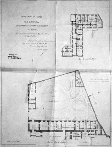 Projet d'appropriation des bâtiments de l'ancienne maison d'arrêt du Blanc dont une partie sera annexée au tribunal et l'autre partie à la sous-préfecture, par A. Dauvergne, le 29 juillet 1869.