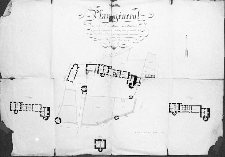 Plan général du château du Blanc(ou de Naillac) que la commune a acheté pour y établir l'institution latine et l'école primaire supérieure ; plan au 1/400e daté du 12 mai 1851.