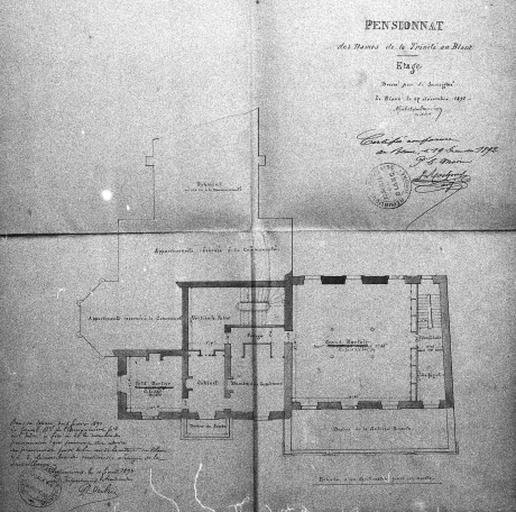 Plan du premier étage du pensionnat au 1/100e par A. Gubertafond, le 17 décembre 1892.
