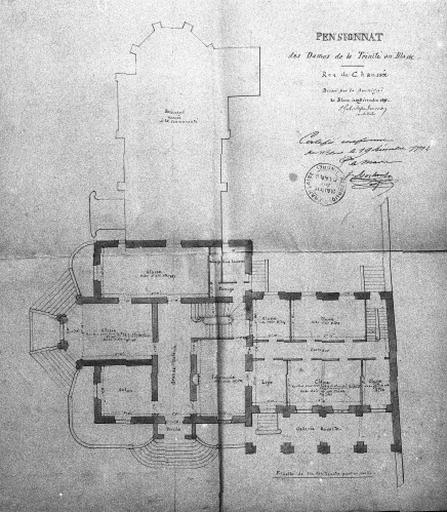 Plan du rez-de-chaussée du pensionnat au 1/100e par A. Gubertafond, le 17 décembre 1892.
