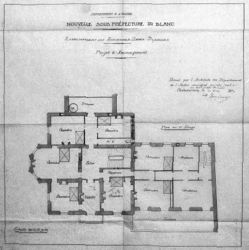 Projet d'aménagement de la sous-préfecture.Plan du premier étage au 1/100e par H. Dauvergne, le 30 mars 1909.