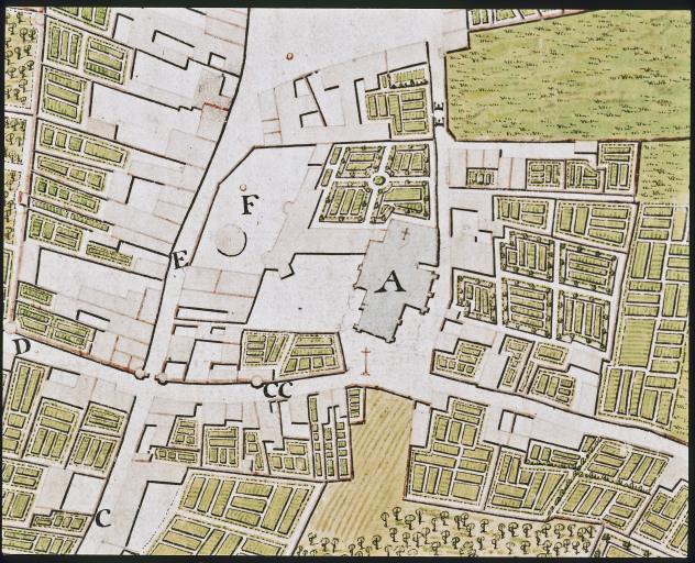 Le prieuré au milieu du XVIIIe siècle. Plan de la ville du Blanc levé par Alphonse Gaillet vers 1740, détail. A : l'église, F : les bâtiments conventuels.