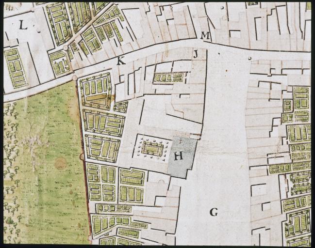 Le couvent(H) au milieu du XVIIIe siécle. Plan de la ville du Blanc levé par Alphonse Gaillet vers 1740, détail.