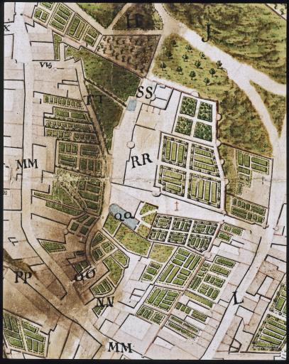 Le château au milieu du XVIIIe siècle. Plan de la ville du Blanc levé par Alphonse Gaillet vers 1740, détail. RR : le château, SS : la prison, QQ : Saint-Ciran.