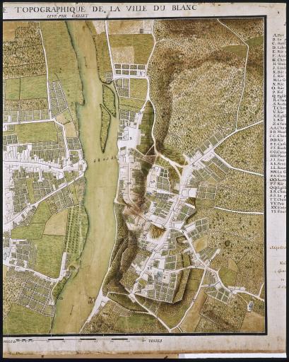 Plan de la ville du Blanc levé par Alphonse Gaillet en 1740. Ville Haute, le nord est en haut.