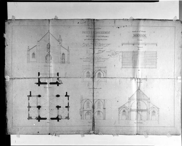 Projet d'agrandissement de l'église St Génitour(au Blanc) par l'addition de trois chapelles et d'une tribune, au 1/100e, par A. Dauvergne le 1er août 1852.