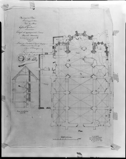 Projet d'appropriation d'une nouvelle sacristie..(avec projet de reconstruction du choeur sur un plan diférent), au 1/100e, par A. Dauvergne le 1er novembre 1857.