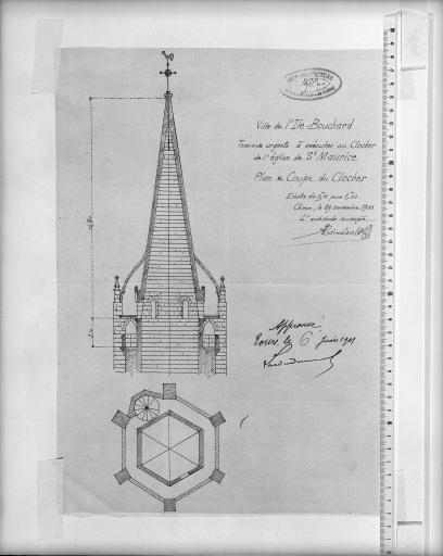 Devis pour la restauration du clocher de l'église par Raimbault architecte, 1900 : plan et coupe du clocher.