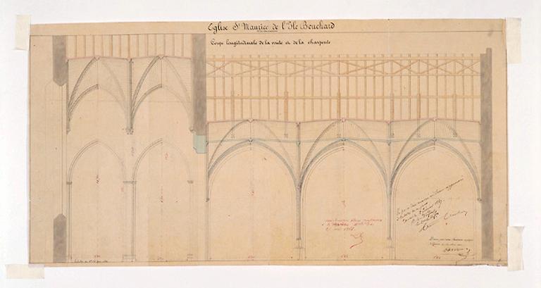 Projet de restauration par Daviau, architecte, 1865, modifié conformément à la dépêche du 25 mai 1866 par Gustave Guérin, architecte diocésain. Coupe transversale.