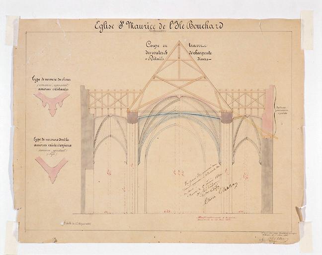 Projet de restauration par Daviau, architecte, 1865, modifié conformément à la dépêche du 25 mai 1866 par Gustave Guérin, architecte diocésain. Coupe transversale. Echelle 2 cm par mètre.