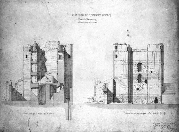 Donjon, coupe sud-nord et élévation est avant restauration, signée et datée V. Ruprich-Robert, le 15 février 1859.