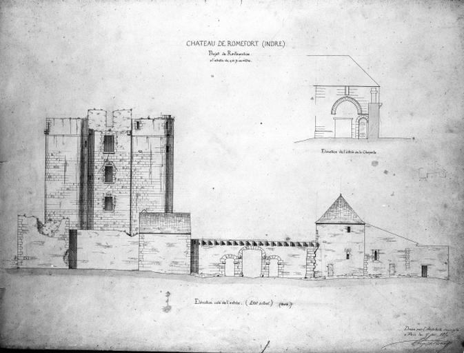 Donjon et aile sud (entrée et ancienne chapelle) : élévation sud avant restauration, signée et datée V. Ruprich-Robert, le 25 février 1859.