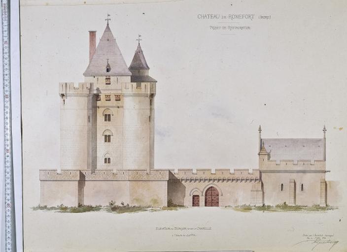 Projet de restauration : élévation du donjon et de la chapelle.