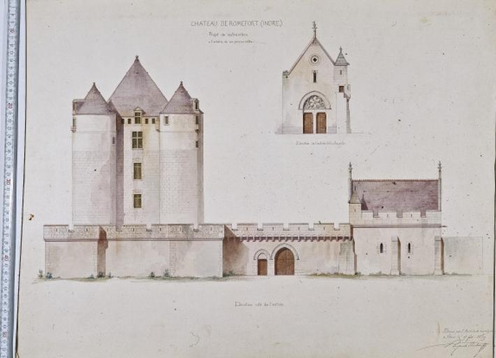 Projet de restauration : élévation de l'entrée de la chapelle et et de l'entrée du château.