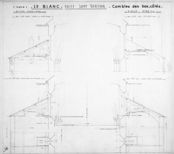 Coupes au niveau des combles des bas-côtés, au 1/50e, en 1962.