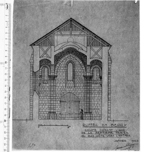 Coupe transversale de l'église au niveau de la septième travée de bas-côté, en direction de l'entrée. Relevé au 1/100e signé et daté Jacques Barges, janvier 1928.