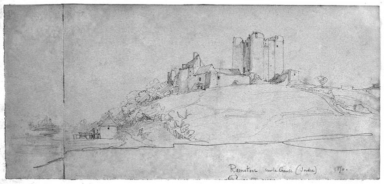 Le château de Romefort et le moulin vus de l'ouest. Dessin de Victor Ruprich-Robert, daté 1850.