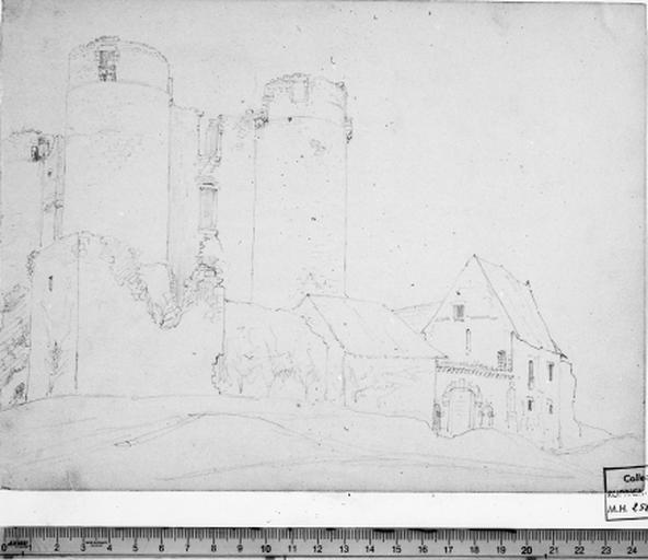 Le donjon, l'entrée et l'ancienne chapelle vus du sud. Dessin de V. Ruprich-Robert, en 1850.