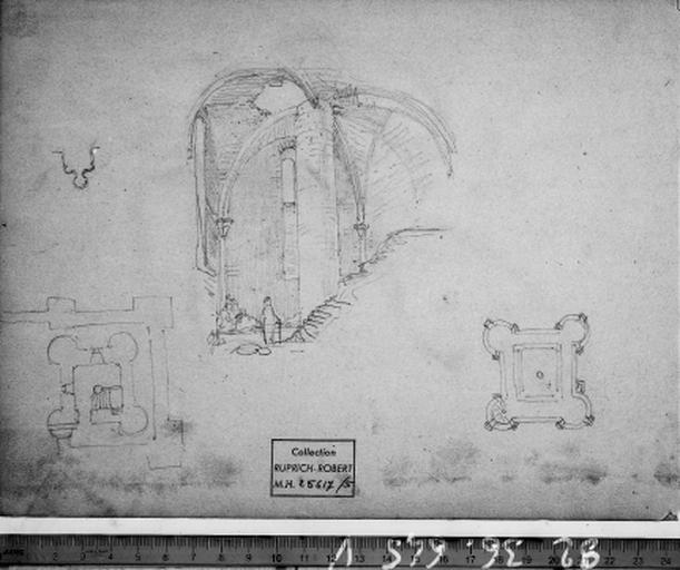 Donjon, croquis de la salle du rez-de-chaussée, par V. Ruprich-Robert, vers 1860.