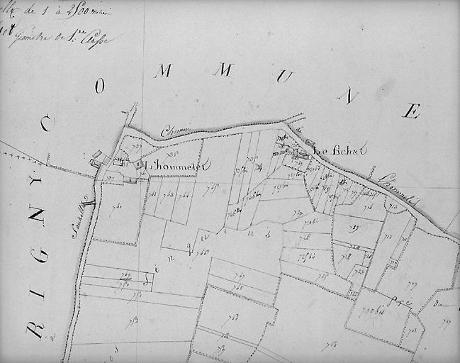 Plan en 1843 d'après le cadastre au 1/2500e, section A2.