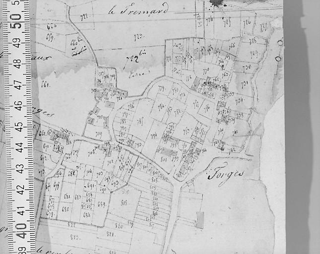 Plan d'après cadastre de 1813 au 1/2500e, section G1.