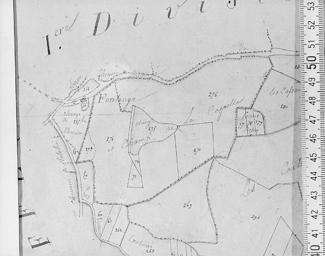 Plan de situation au 1/5000e d'après cadastre 1818, section D2.