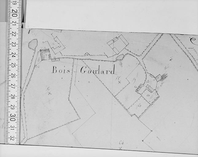 Plan de situation d'après le cadastre de 1819 au 1/2500e, section O2.