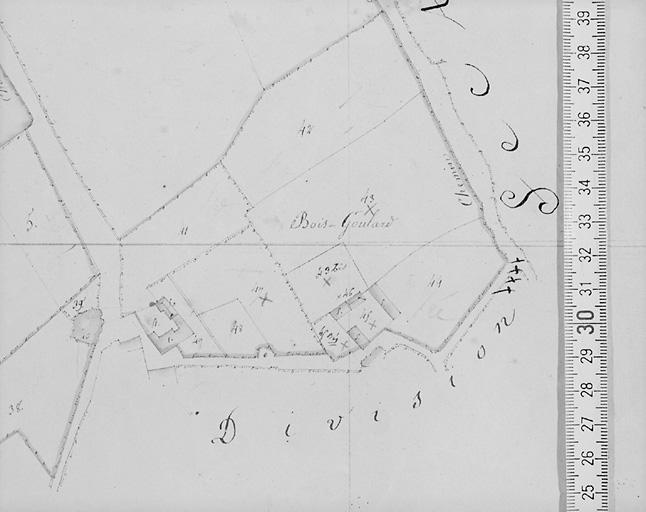 Plan de situation d'après le cadastre de 1819 au 1/2500e, section O1.
