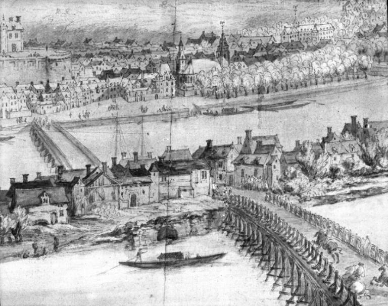 Levées de Blois au Bec de Cisse, milieu XVIIIe siècle. Détail sur Amboise rive droite (le Bout des Ponts). (archives départementales d'Indre-et-Loire, C 277).