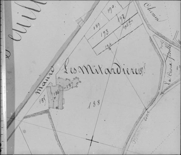 Extrait du plan cadastral ancien, section B1, 1831. Echelle : 1/2500.
