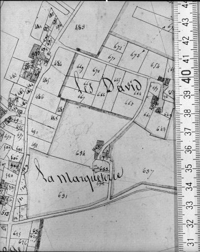 Extrait du plan cadastral ancien, section B2, 1831. Echelle : 1/2500.