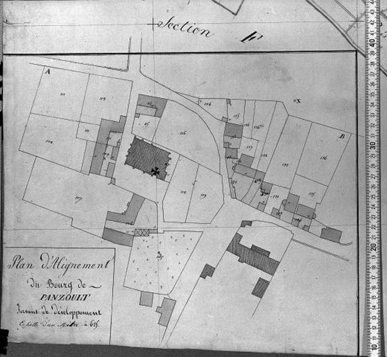 Extrait du plan cadastral ancien : plan d'alignement du bourg, 1832. éch. 1/625