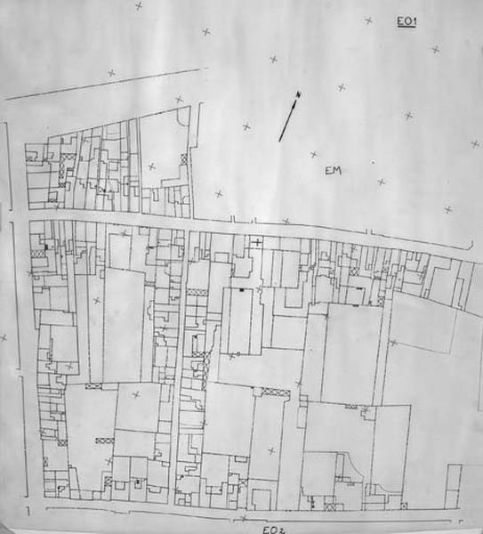 Ancien cadastre restitué par rapport au cadastre révisé en 1972 et 1979, au 1/500e par M.Guérid et D.Talaga, section EO2.