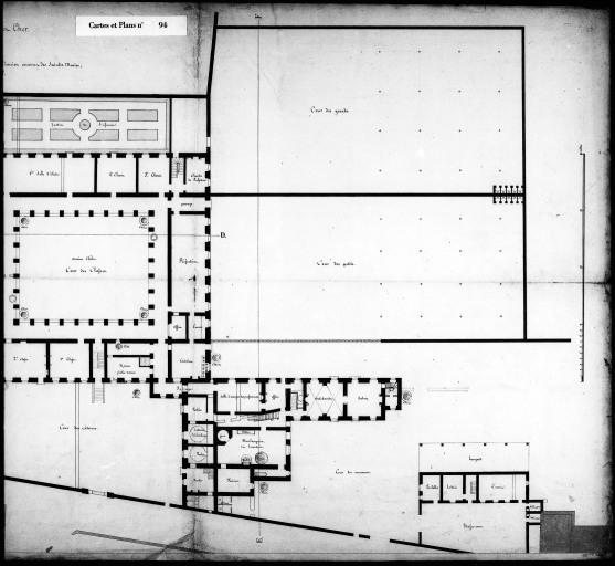 Plan du rez-de-chaussée de l'ancien couvent des Saintes-Maries pour le projet de l'installation du collège (détail, partie est des bâtiments).