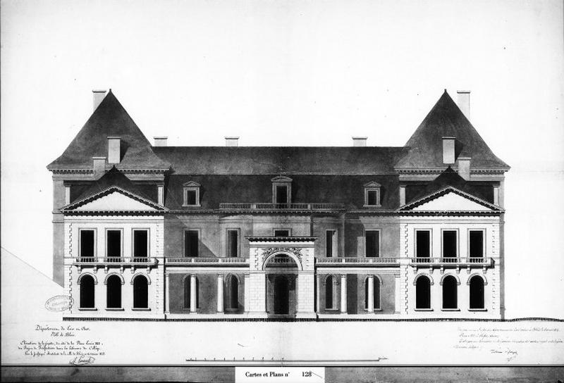 Projet de préfecture non réalisé, à l'emplacement du collège (anciens bâtiments de Bourgmoyen). Bâtiment sud : élévation de la façade sur cour.