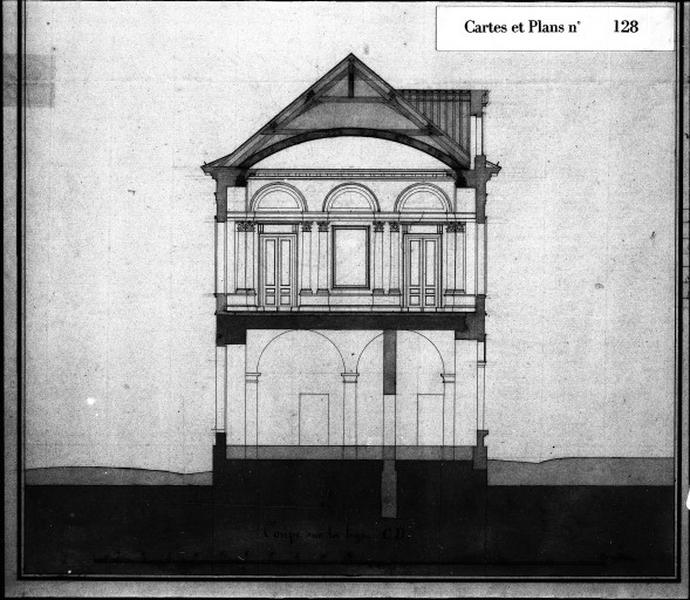 Projet de préfecture non réalisé, à l'emplacement du collège (anciens bâtiments de Bourgmoyen). Bâtiment sud : coupe transversale du pavillon sud-ouest.