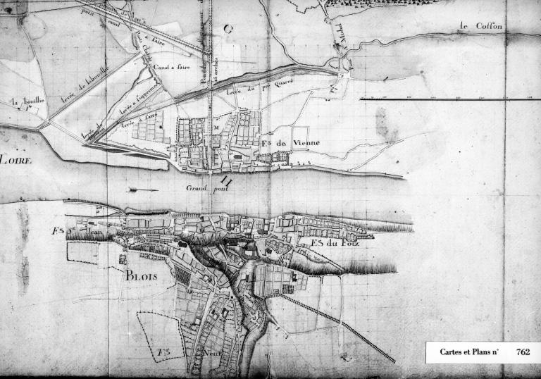 Plan de Blois au XVIIIe (avant  1770 : le port Saint-Jean n'est pas aménagé). Détail du plan de la route de Saint-Dyé à Blois signé Roger. (archives départementales du Loir-et-Cher, Plan n° 762).