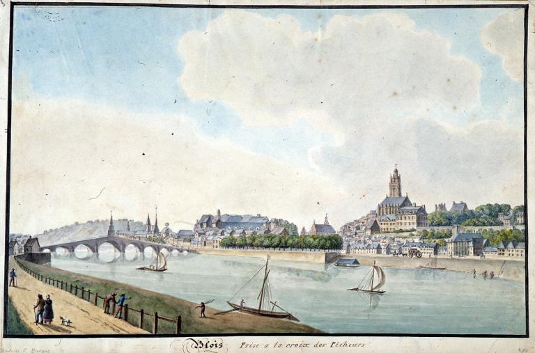 Vue de Blois au XIXe siècle (vers 1830), par E. Burges. Vue prise depuis le port de la Creusille (rive gauche) vers l'amont. (bibliothèque municipale de Blois, RLZ 117).