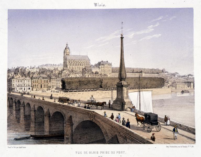 Vue de Blois représentant le pont Jacques Gabriel et le Mail, par Asselineau, vers 1840. (bibliothèque Abbé Grégoire, Blois, RLE 626).