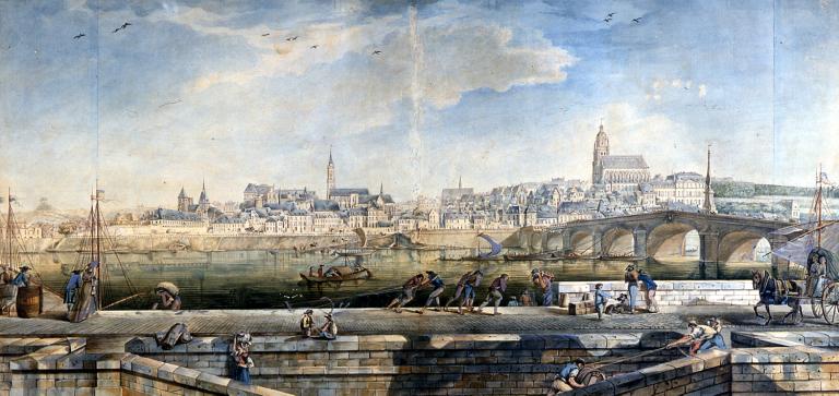 Vue de Blois à la fin du XVIIIe siècle (vers 1790) par H.J. Van Blarenberghe. Vue prise depuis la rive gauche en aval du pont