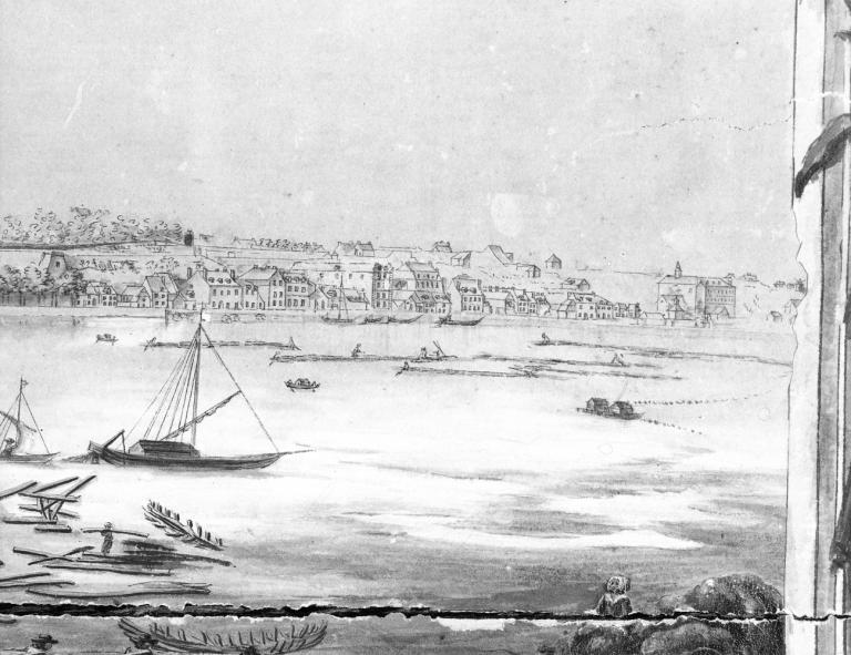 Vue de Blois dédiée à Monseigneur Lauzières de Themines, évêque de Blois par Gauché d'après C.F. Mandar, 1784. Détail sur les trains de bois. (musée des Beaux Arts, Blois).