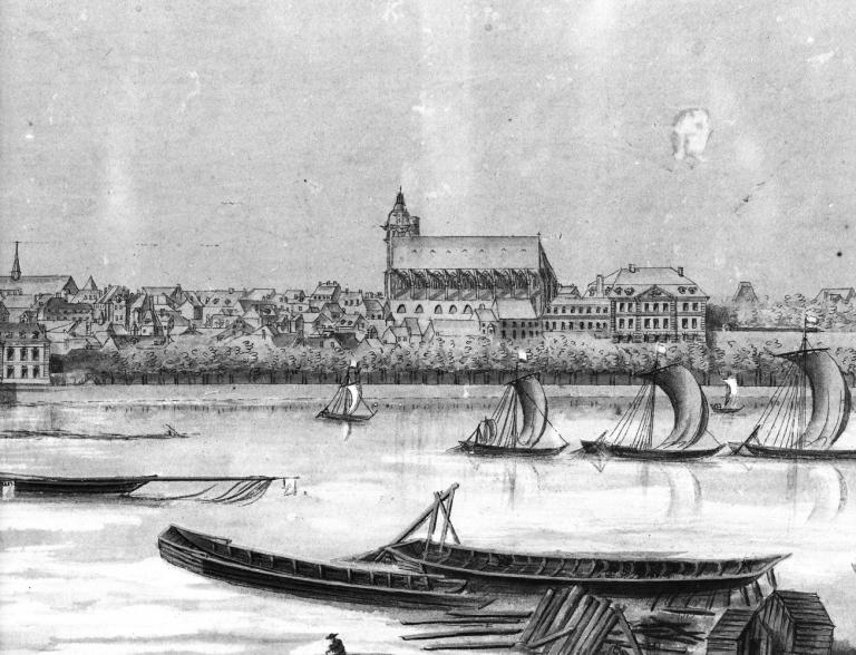 Vue de Blois dédiée à Monseigneur Lauzières de Themines, évêque de Blois par Gauché d'après C.F. Mandar, 1784. Détail sur le Mail. (musée des Beaux Arts, Blois).