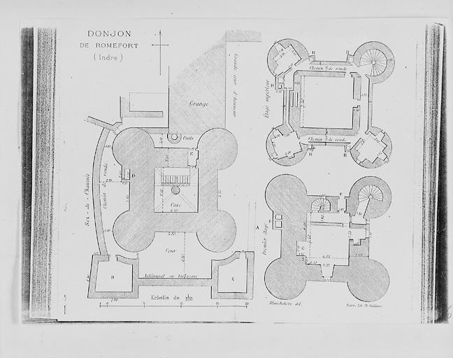 Plans du rez-de -chaussée, du premier étage et de l'étage supérieur du donjon par A. Blanchetière, vers 1860. Extrait de Le donjon de Romefort (Indre), dans Bulletin Monumental, tome 46, année 1880.