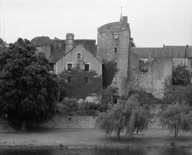 Vue d'ensemble du château prise du sud, de l'autre rive de l'Anglin. De gauche à droite : la tour sud-ouest, le bâtiment sud (anciens communs) devant lequel se trouve le bâtiment ajouté au XIXe siècle, le donjon, la partie du mur d'enceinte contre laquelle s'appuyait le logis et la tour sud-est.