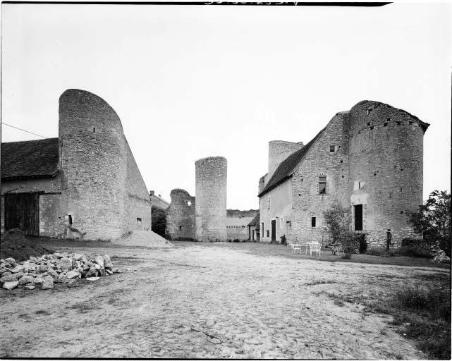 Vue d'ensemble du château prise de l'ouest. A gauche, la tour nord-ouest ; au centre, la tour d'escalier du logis ; à droite, la partie supérieure du donjon, le bâtiment sud (anciens communs) et la tour sud-ouest.