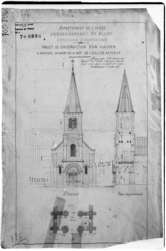 Projet de construction du clocher par A. Dauvergne, en 1877. Plan coté.