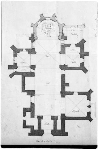 Plan avec le choeur et la sacristie projetés. Détail du doc. 3.