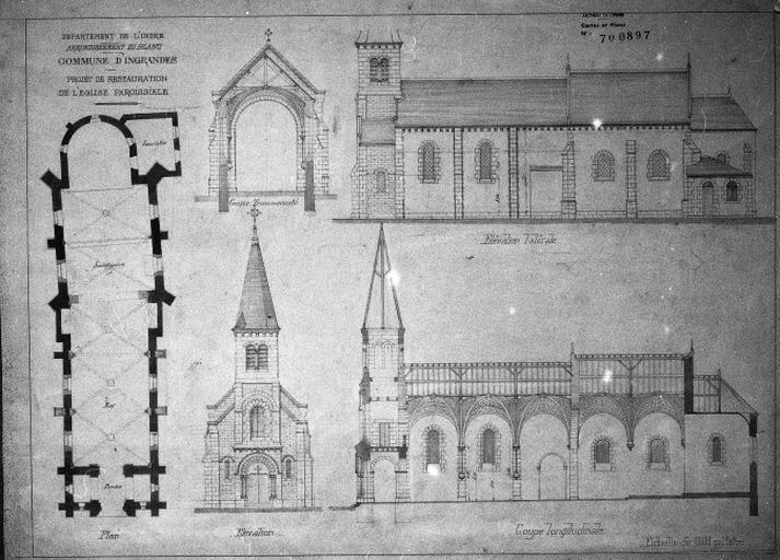 Projet de restauration de l'église, au 1/100e, par A. Dauvergne, vers 1900.