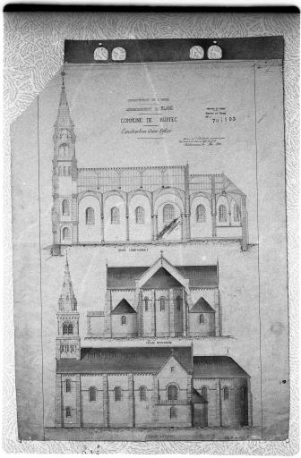 Projet signé et daté H. Dauvergne, en mai 1899 : coupe longitudinale, façades postérieure et latérale, au 1/100e.