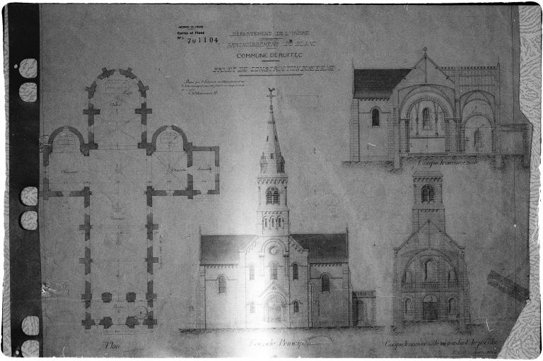 Projet par H. Dauvergne en mai 1899 : plan, façade principale et coupes transversales, au 1/100e.